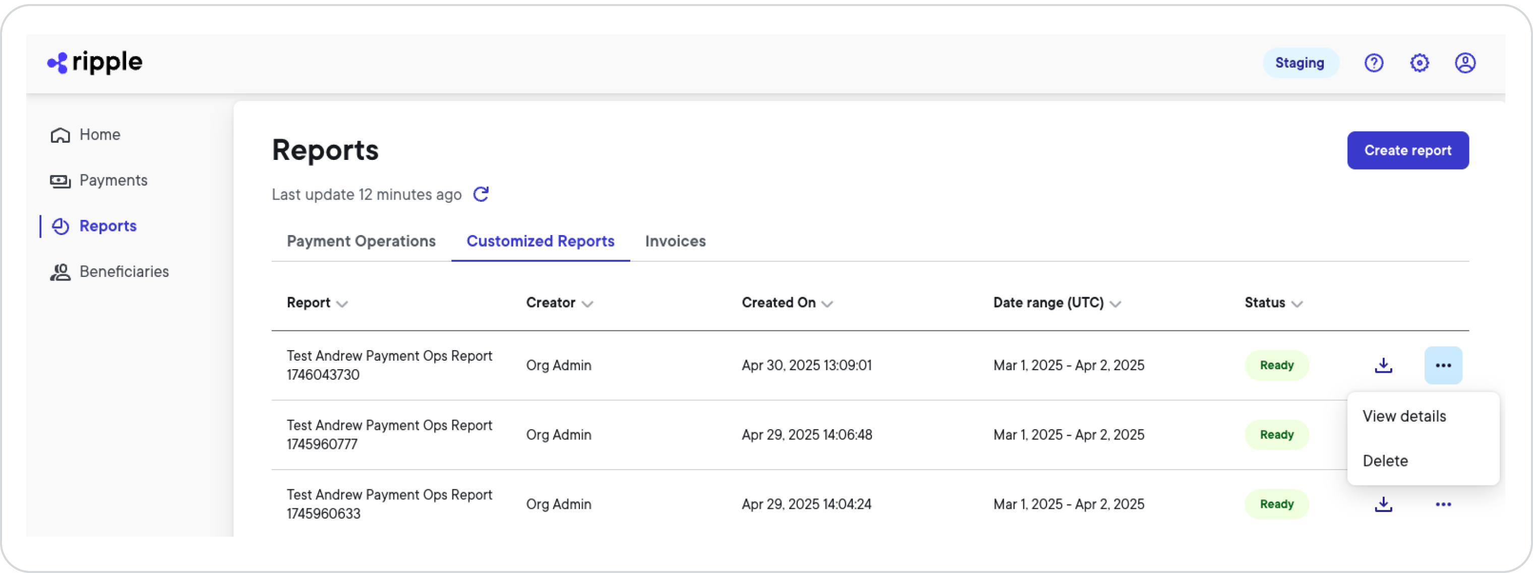 Reports page Customized Report
